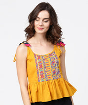 Yellow yoke design cotton tops with dori work at shoulder