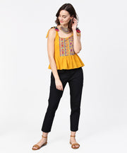 Yellow yoke design cotton tops with dori work at shoulder