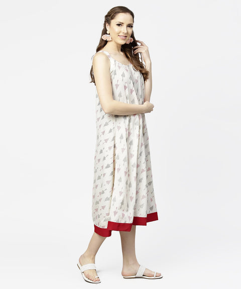 Off white printed sleeveless cotton A-line dress
