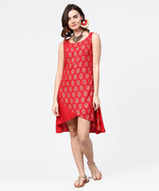 Red printed sleeveless cotton low high tunic