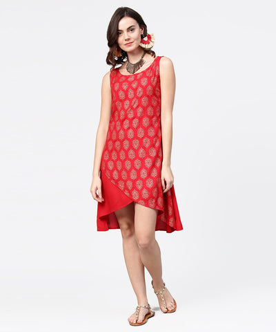 Red printed sleeveless cotton low high tunic