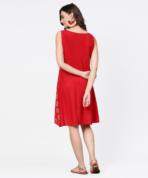 Red printed sleeveless cotton low high tunic