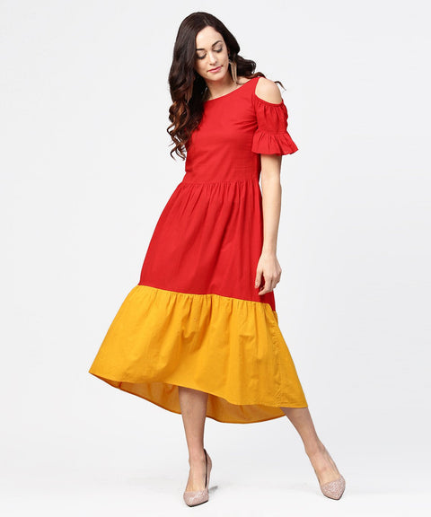 Red & Yellow short cold shoulder cotton maxi dress