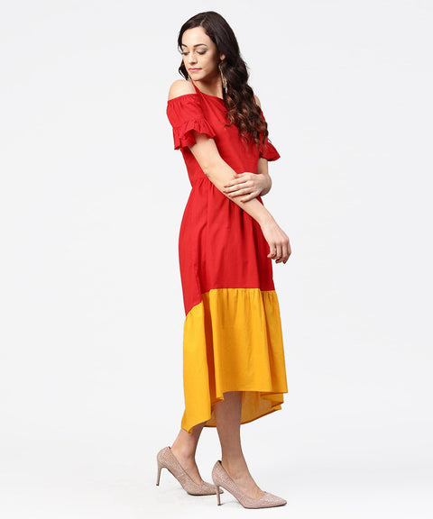 Red & Yellow short cold shoulder cotton maxi dress