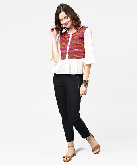 White & Red printed 3/4th sleeve cotton crop top