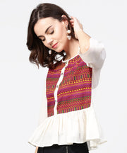 White & Red printed 3/4th sleeve cotton crop top