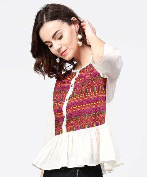 White & Red printed 3/4th sleeve cotton crop top