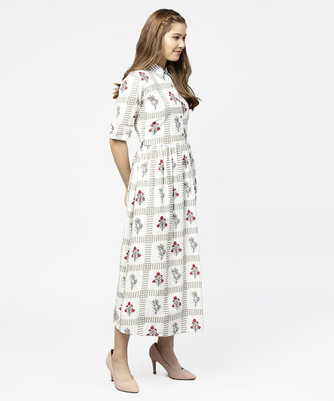 Off white printed half sleeve cotton maxi dress with belt