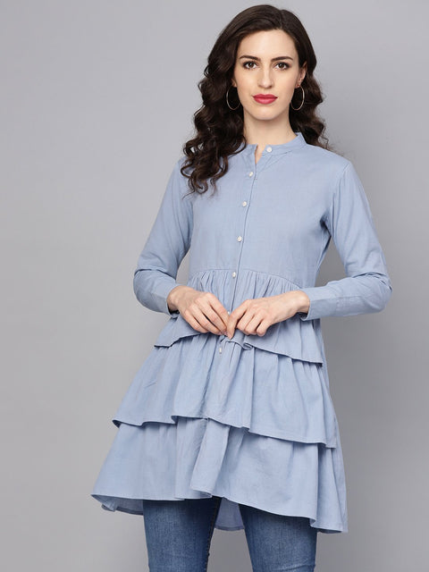 Solid Ice Blue Tired tunic with Madarin collar & 3/4 sleeves