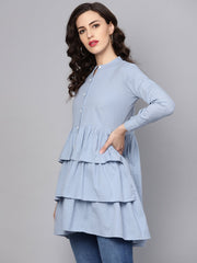 Solid Ice Blue Tired tunic with Madarin collar & 3/4 sleeves