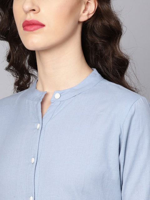 Solid Ice Blue Tired tunic with Madarin collar & 3/4 sleeves