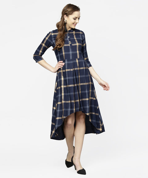 Blue checked 3/4th sleeve cotton front slit dress