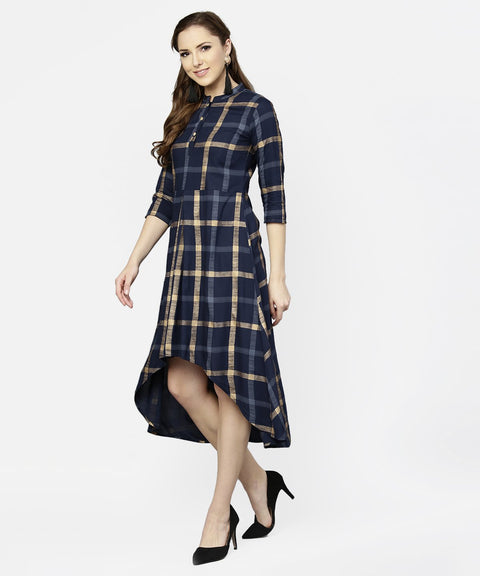 Blue checked 3/4th sleeve cotton front slit dress