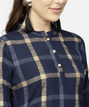 Blue checked 3/4th sleeve cotton front slit dress