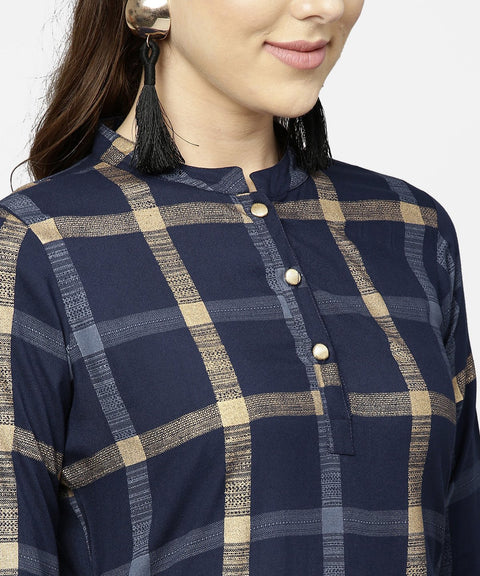 Blue checked 3/4th sleeve cotton front slit dress