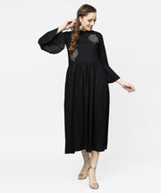 Black full sleeve golden boota printed cotton maxi dress