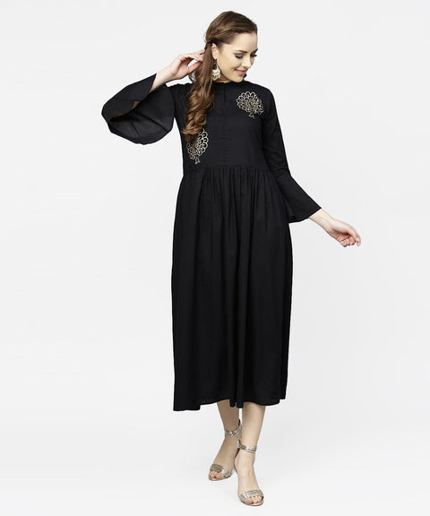 Black full sleeve golden boota printed cotton maxi dress