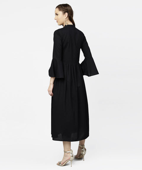 Black full sleeve golden boota printed cotton maxi dress