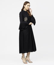 Black full sleeve golden boota printed cotton maxi dress