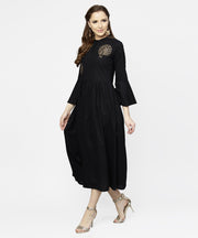 Black full sleeve golden boota printed cotton maxi dress