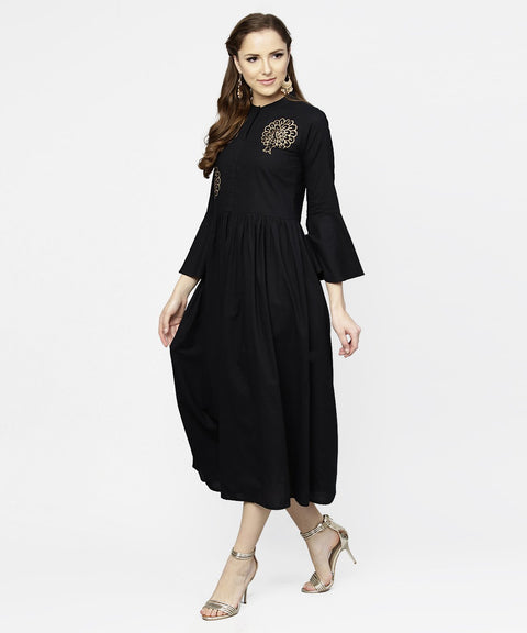 Black full sleeve golden boota printed cotton maxi dress