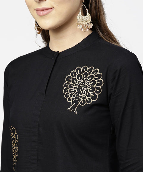 Black full sleeve golden boota printed cotton maxi dress