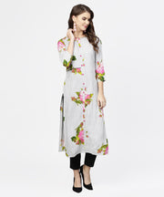 Blue stripes & flower printed front open 3/4th sleeve cotton kurta