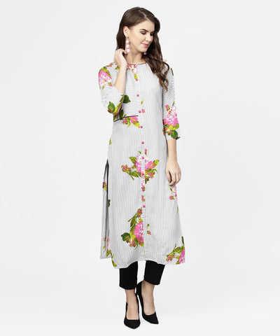 Blue stripes & flower printed front open 3/4th sleeve cotton kurta