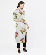 Blue stripes & flower printed front open 3/4th sleeve cotton kurta