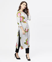 Blue stripes & flower printed front open 3/4th sleeve cotton kurta