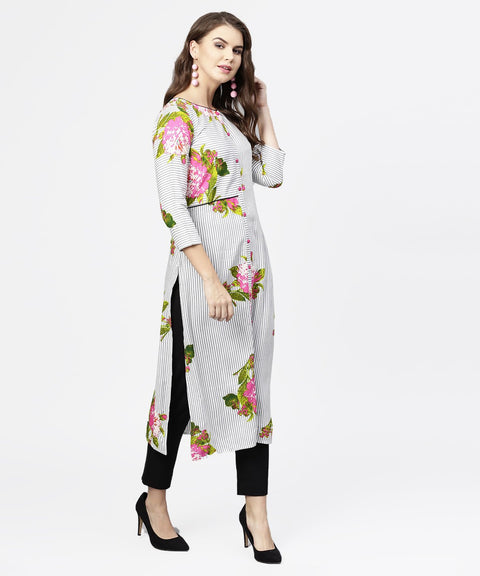 Blue stripes & flower printed front open 3/4th sleeve cotton kurta