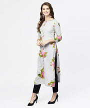Blue stripes & flower printed front open 3/4th sleeve cotton kurta