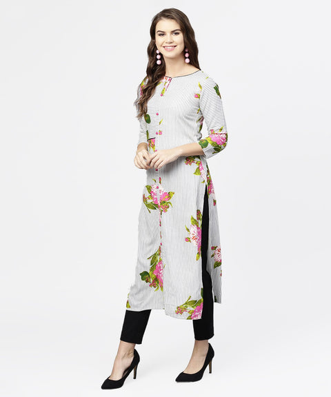 Blue stripes & flower printed front open 3/4th sleeve cotton kurta