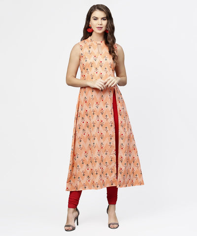 Peach printed sleeveless cotton front slit kurta