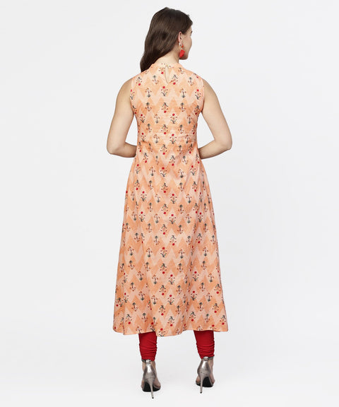 Peach printed sleeveless cotton front slit kurta