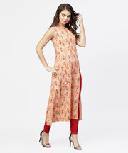 Peach printed sleeveless cotton front slit kurta