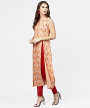 Peach printed sleeveless cotton front slit kurta