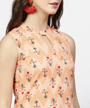 Peach printed sleeveless cotton front slit kurta