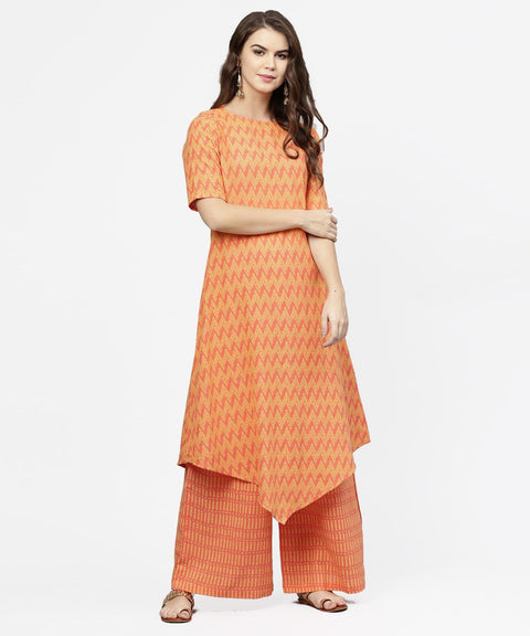 Yellow & Peach printed half sleeve cotton assymetric kurta with ankle length palazzo