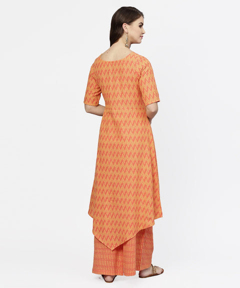 Yellow & Peach printed half sleeve cotton assymetric kurta with ankle length palazzo