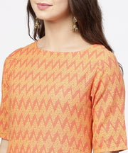Yellow & Peach printed half sleeve cotton assymetric kurta with ankle length palazzo