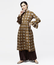 Coffee Brown & Yellow full sleeve cotton Anarkali kurta