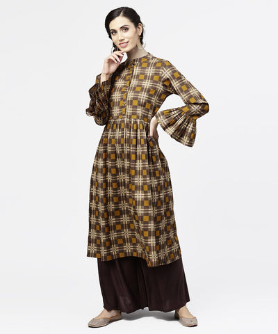 Coffee Brown & Yellow full sleeve cotton Anarkali kurta