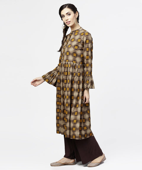 Coffee Brown & Yellow full sleeve cotton Anarkali kurta