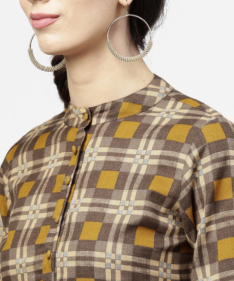 Coffee Brown & Yellow full sleeve cotton Anarkali kurta