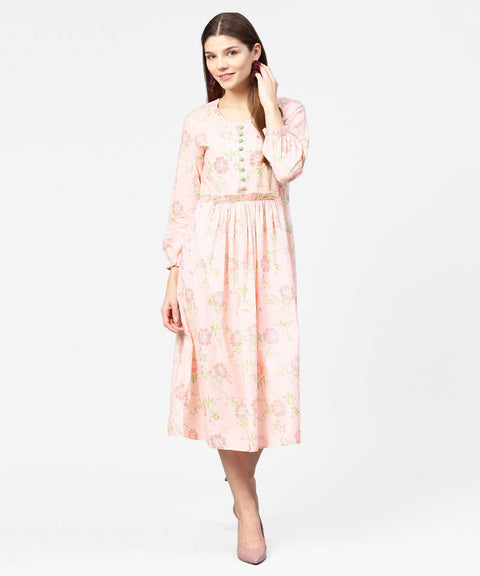 Peach printed 3/4th sleeve cotton A-line dress