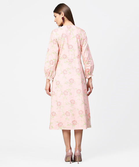 Peach printed 3/4th sleeve cotton A-line dress