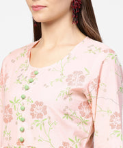 Peach printed 3/4th sleeve cotton A-line dress