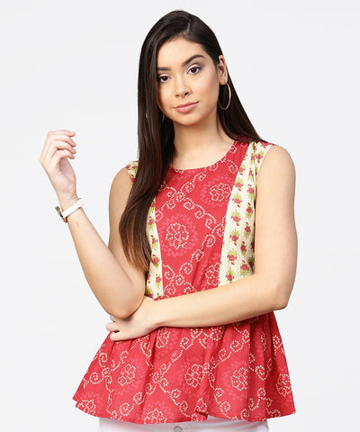 Red printed sleeveless cotton pleated top