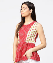 Red printed sleeveless cotton pleated top